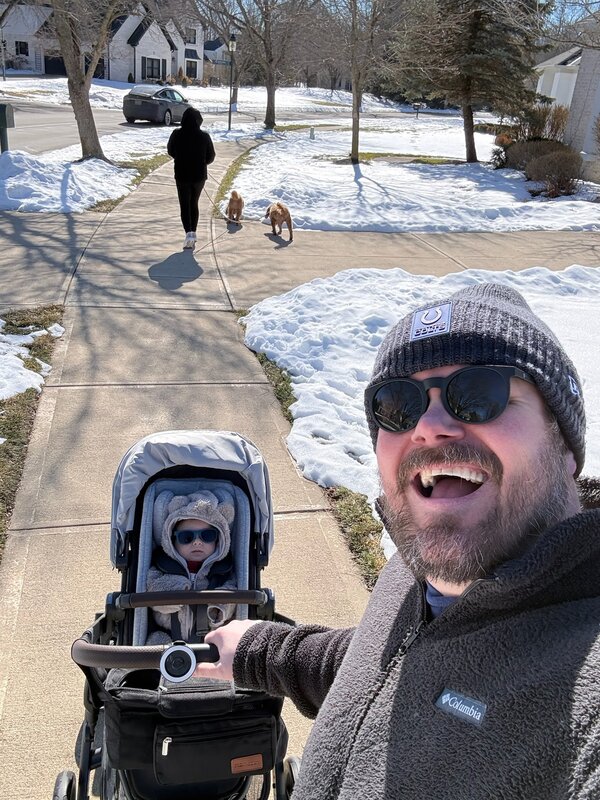 Tom and family walking the dogs in Fishers